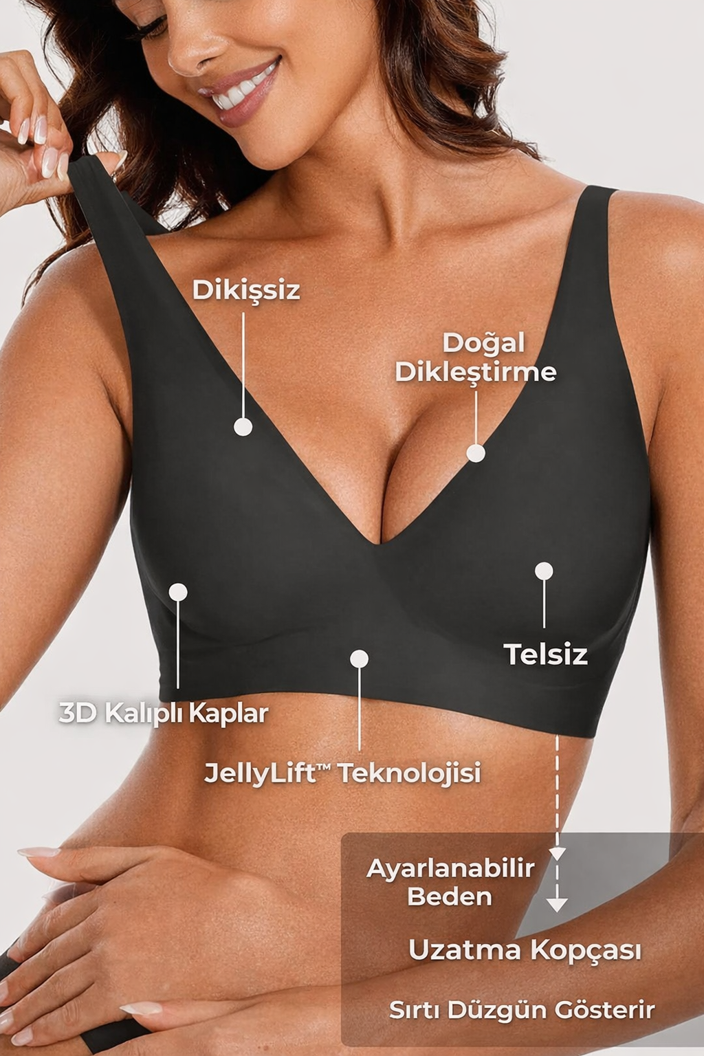 Derin V Yaka Destekli Dikişsiz Telsiz Jel Sütyen